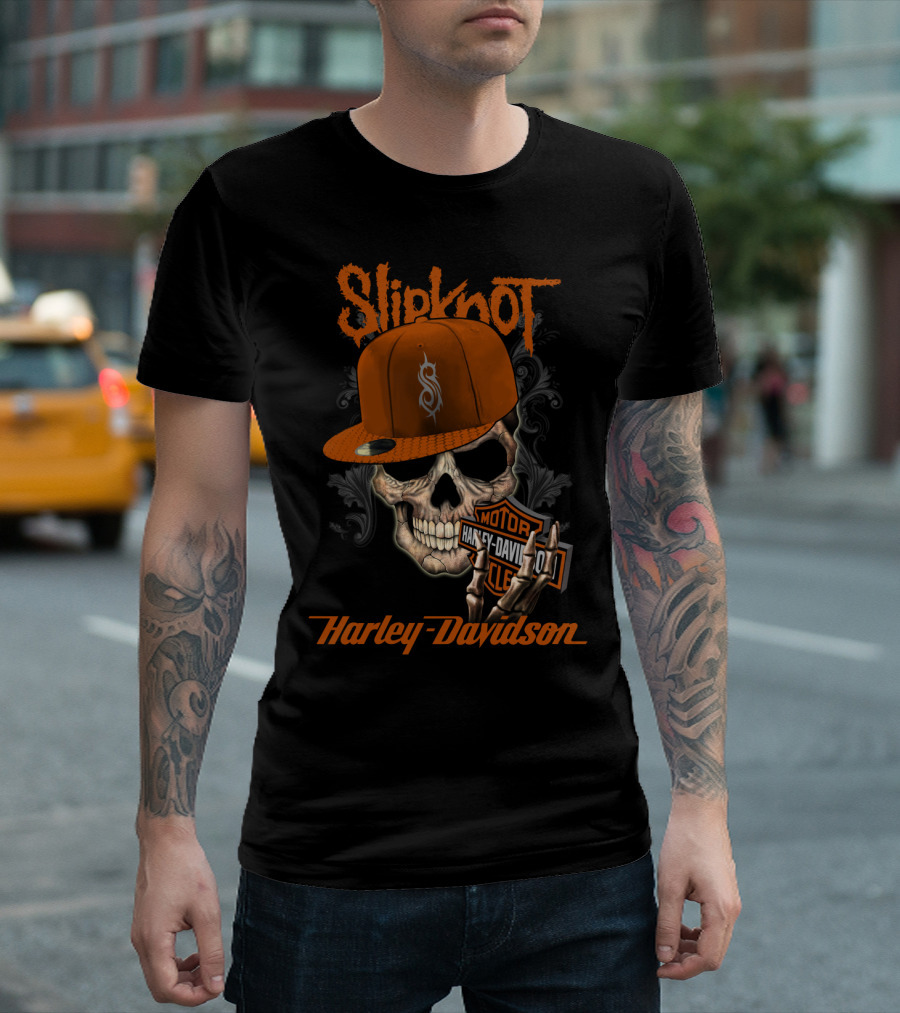 Slipknot Harley Davidson Skull With Orange Cap T-Shirt