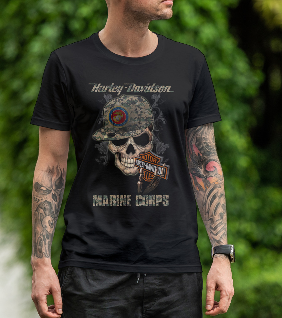 Harley Davidson Marine Corps Skull With Camo Cap T-Shirt