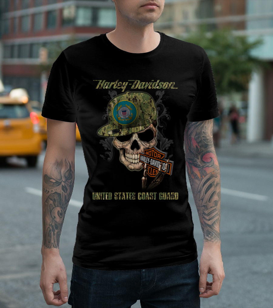 Harley Davidson United States Coast Guard Skull With Camo Cap T-Shirt