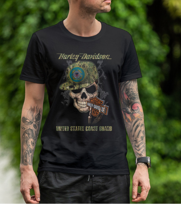 Harley Davidson United States Coast Guard Skull With Camo Cap T-Shirt
