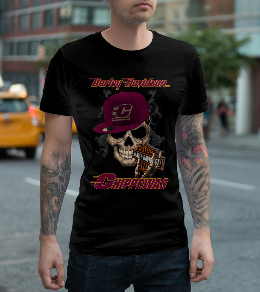Harley Davidson Central Michigan Chippewas Skull With Cap T-Shirt
