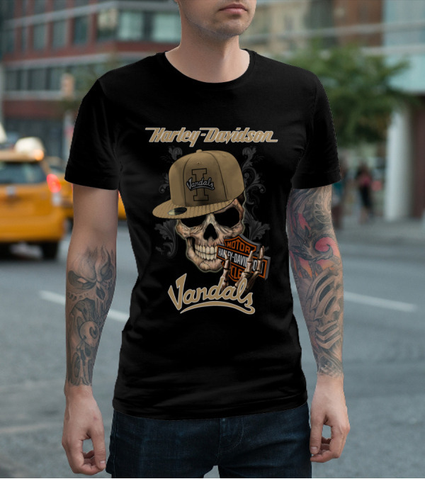 Harley Davidson Vandals Skull With Idaho Hat And Motor Badge T-Shirt