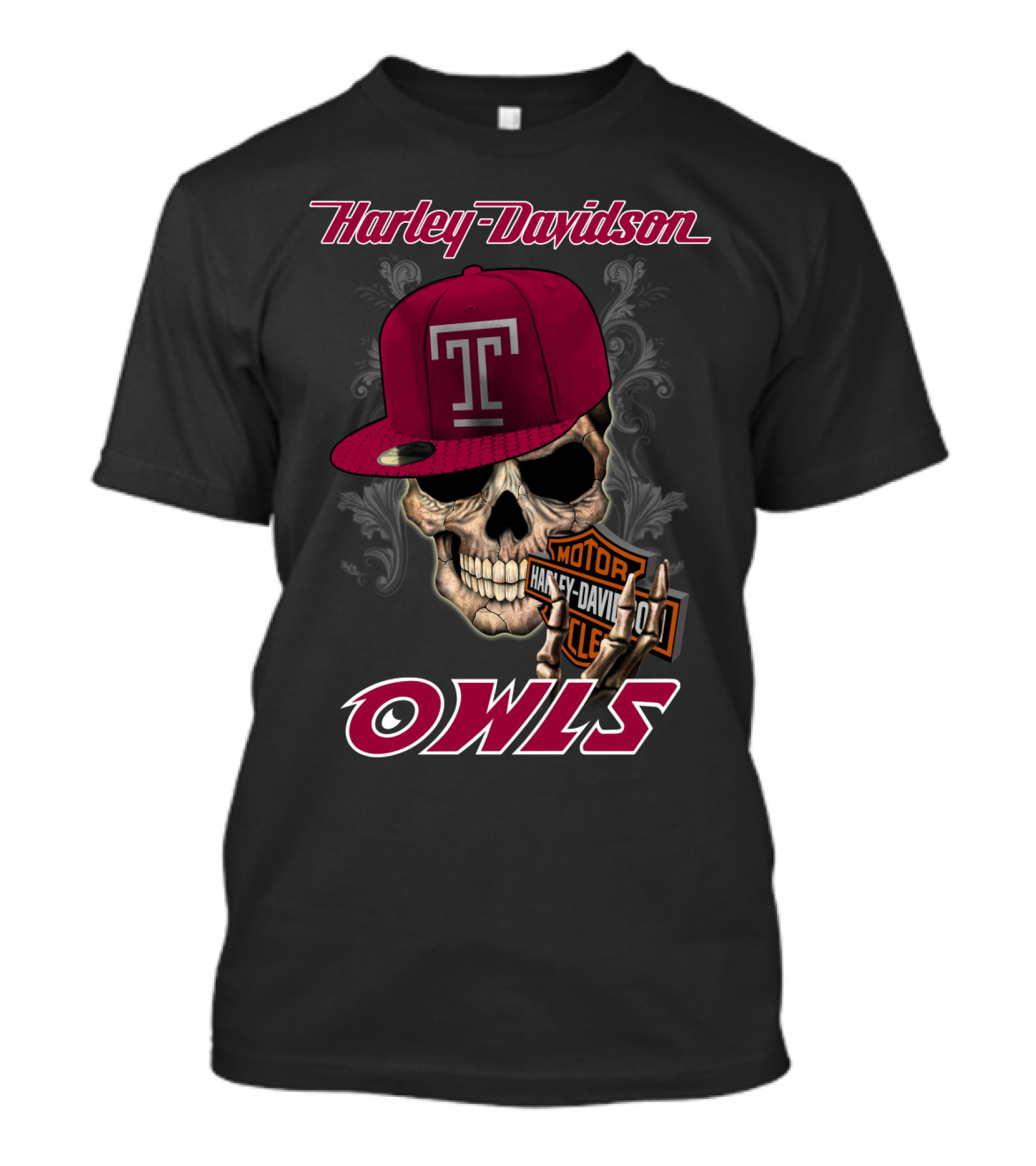 Harley Davidson Temple Owls Skull With T Cap T-Shirt