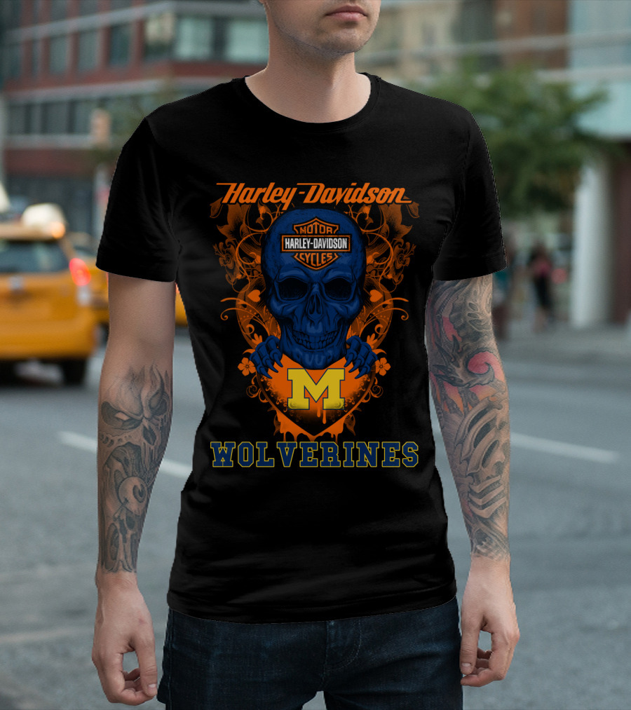 Harley Davidson Motor Cycles Skull Michigan Wolverines T-Shirt