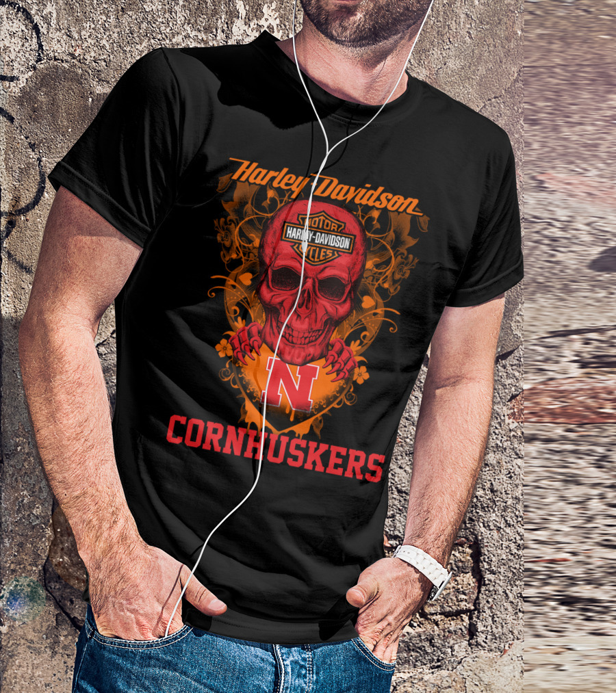 Harley Davidson Motor Cycles Nebraska Cornhuskers Skull T-Shirt