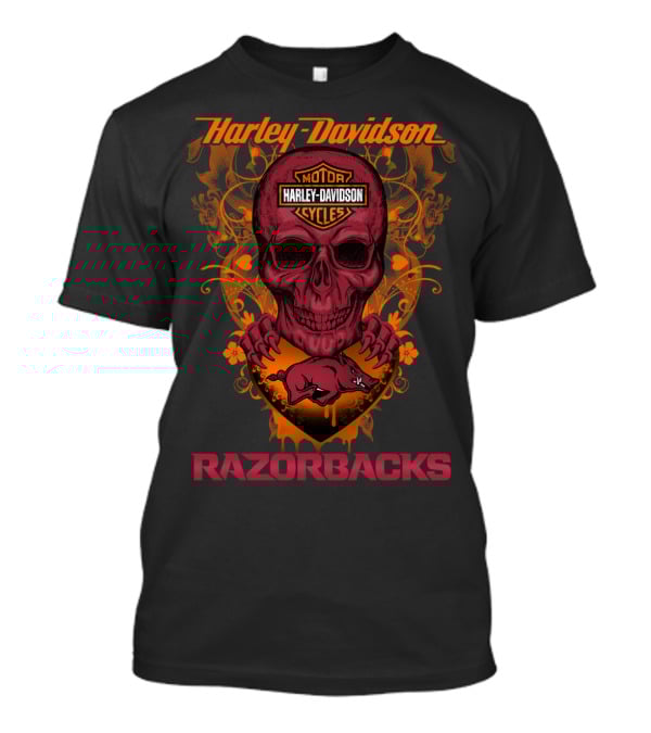 Harley Davidson Motor Cycles Razorbacks Skull Badge T-Shirt