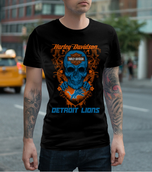 Harley Davidson Motor Detroit Lions Skull T-Shirt