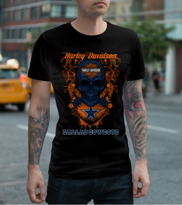 Harley Davidson Skull And Dallas Cowboys Blue Star T-Shirt