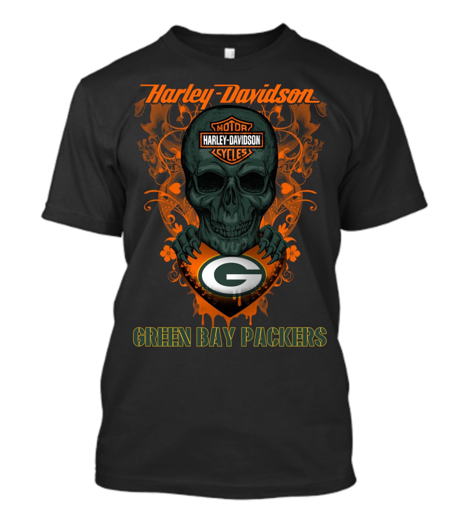 Harley Davidson Motor Cycles Skull Green Bay Packers T-Shirt