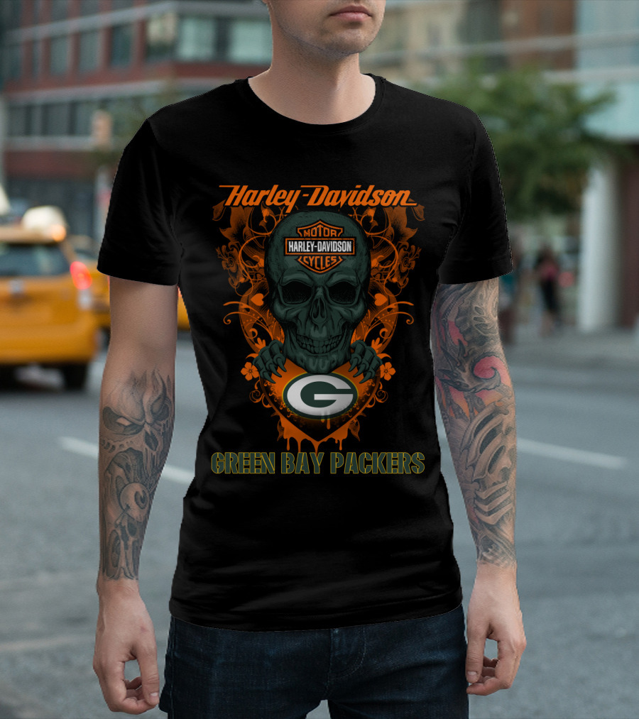 Harley Davidson Motor Cycles Skull Green Bay Packers T-Shirt