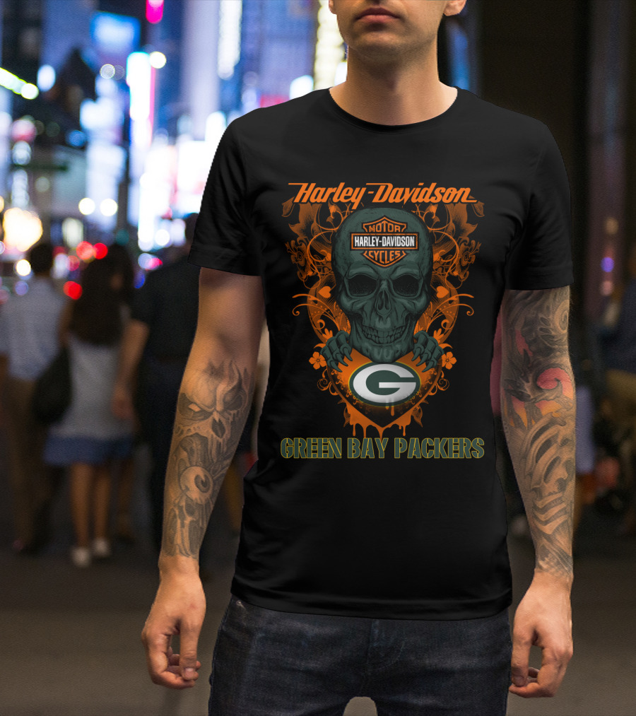 Harley Davidson Motor Cycles Skull Green Bay Packers T-Shirt