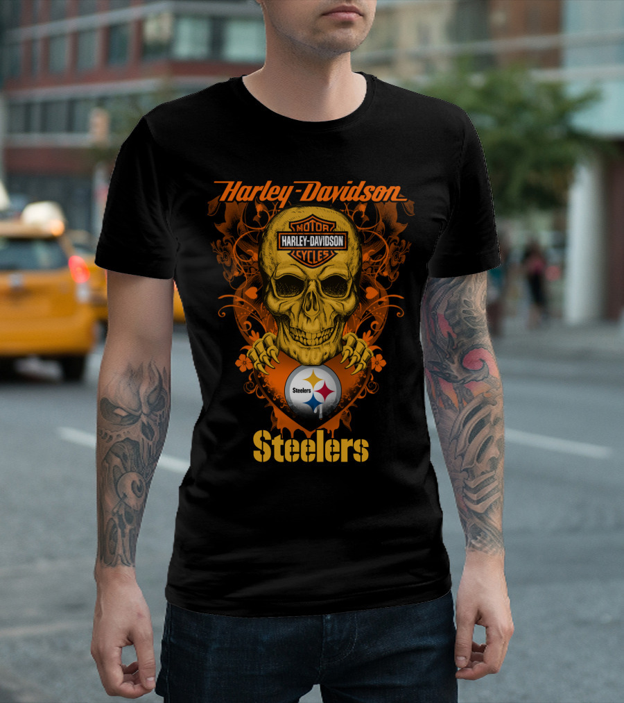 Harley Davidson Motorcycles Skull With Pittsburgh Steelers T-Shirt