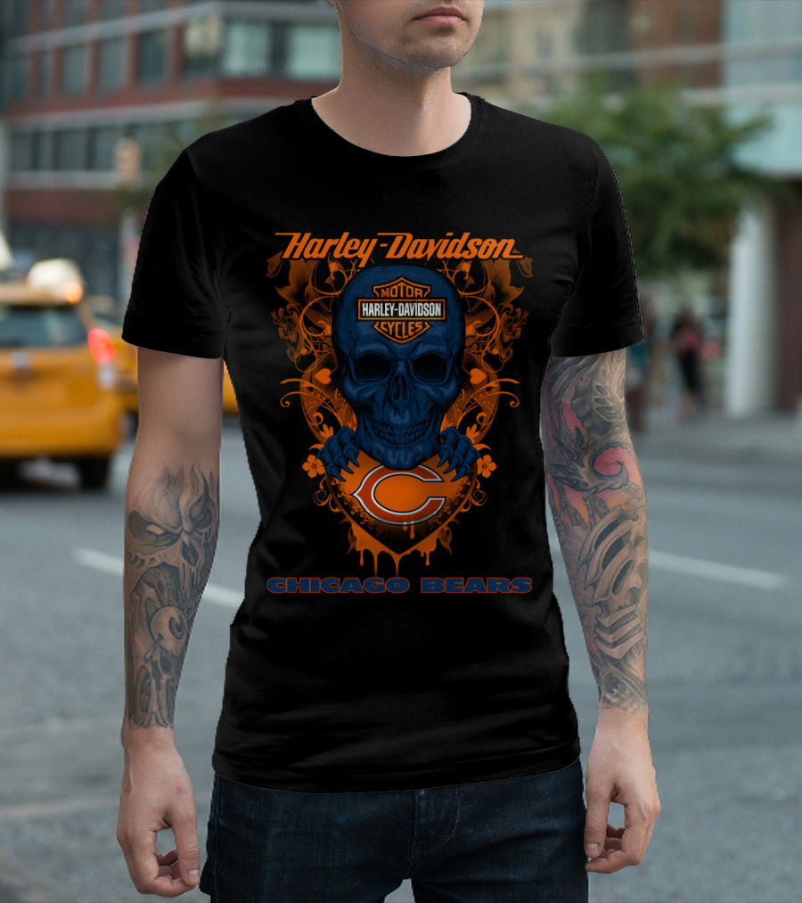 Harley Davidson Motor Cycles Skull Chicago Bears T-Shirt