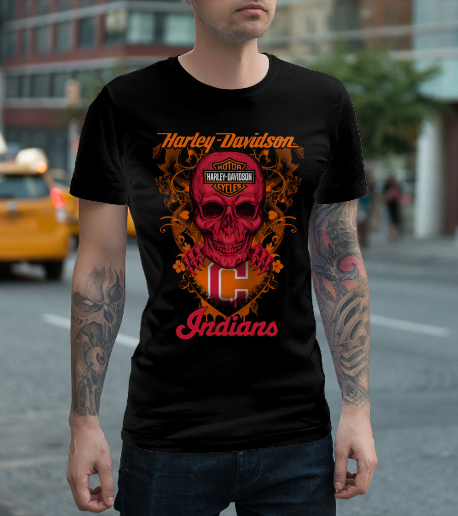 Harley Davidson Motor Cycles Skull Cleveland Indians T-Shirt