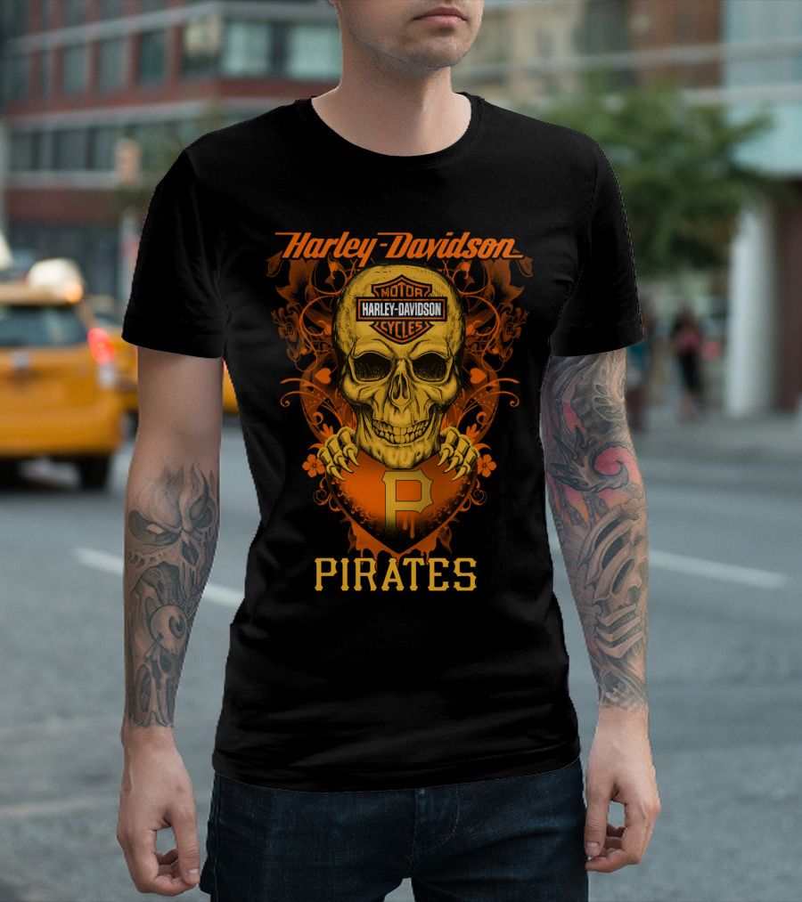 Harley Davidson Motor Cycles Skull Pittsburgh Pirates T-Shirt