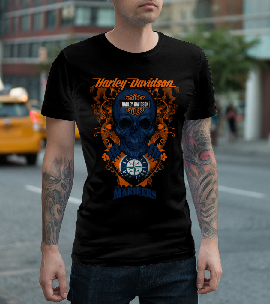 Harley Davidson Motor Cycles Seattle Mariners Skull T-Shirt