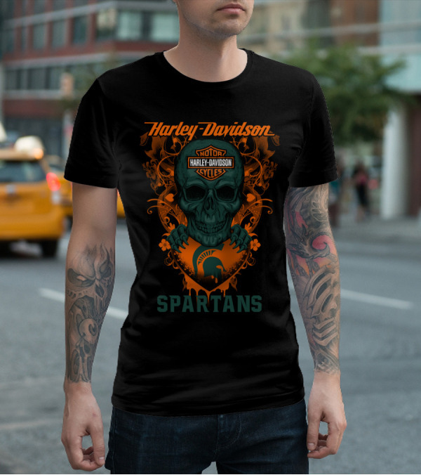 Harley Davidson Motor Cycles Skull Michigan State Spartans T-Shirt