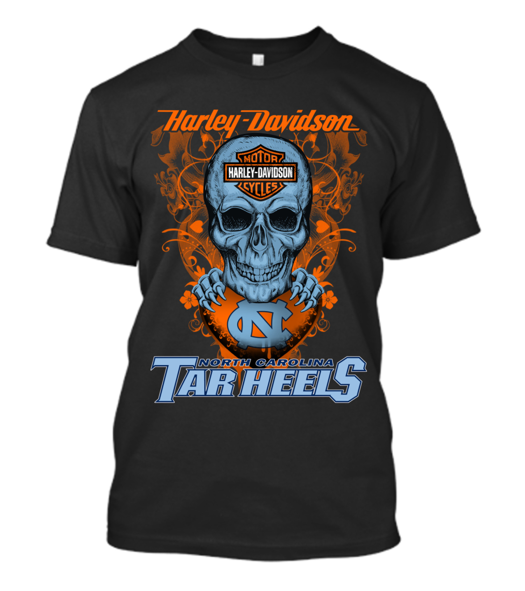 Harley Davidson Skull With North Carolina Tar Heels T-Shirt