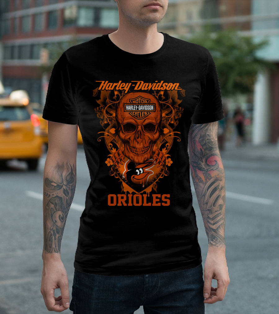 Harley Davidson Motor Cycles Orioles Skull T-Shirt