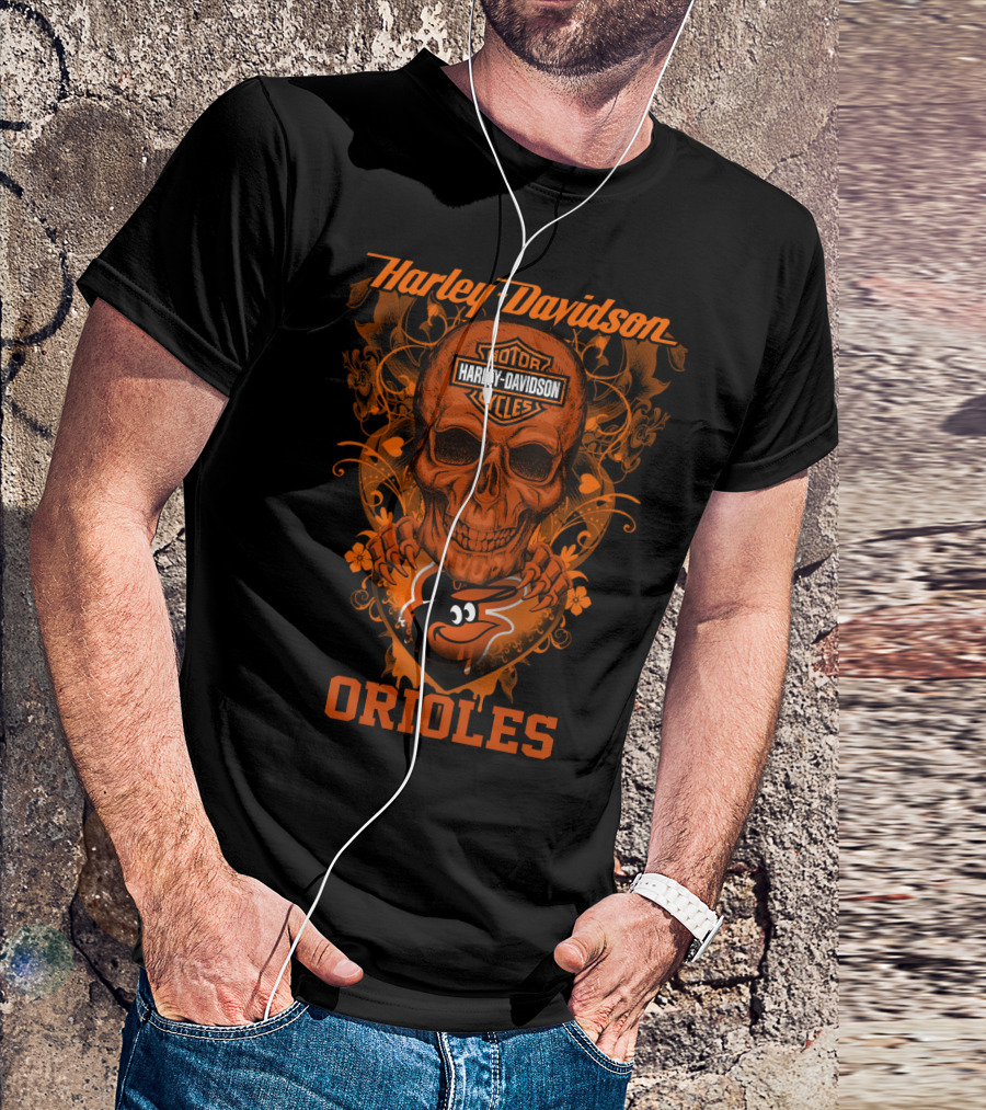 Harley Davidson Motor Cycles Orioles Skull T-Shirt