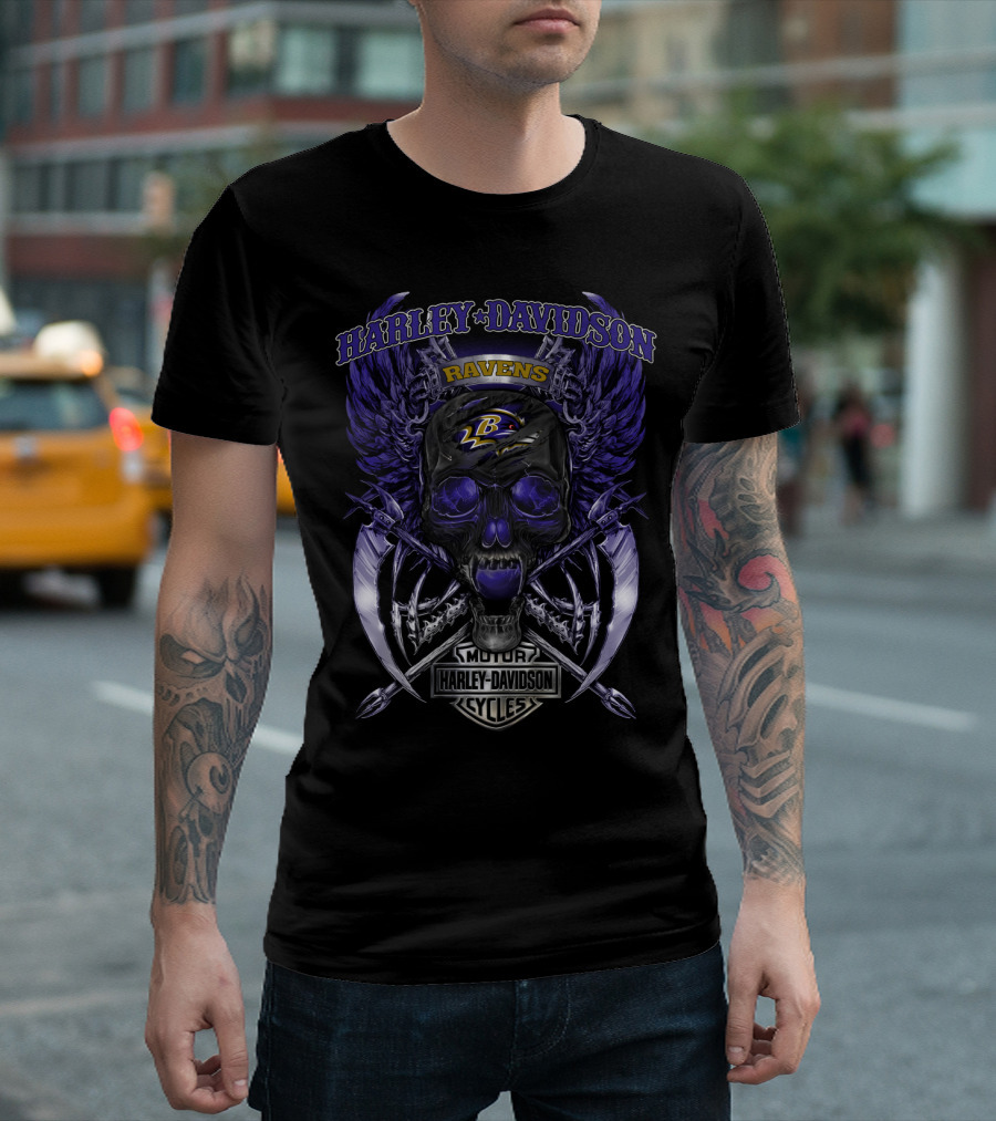Harley Davidson Motor Cycles Ravens Baltimore L B Logo Skull And Wings T-Shirt