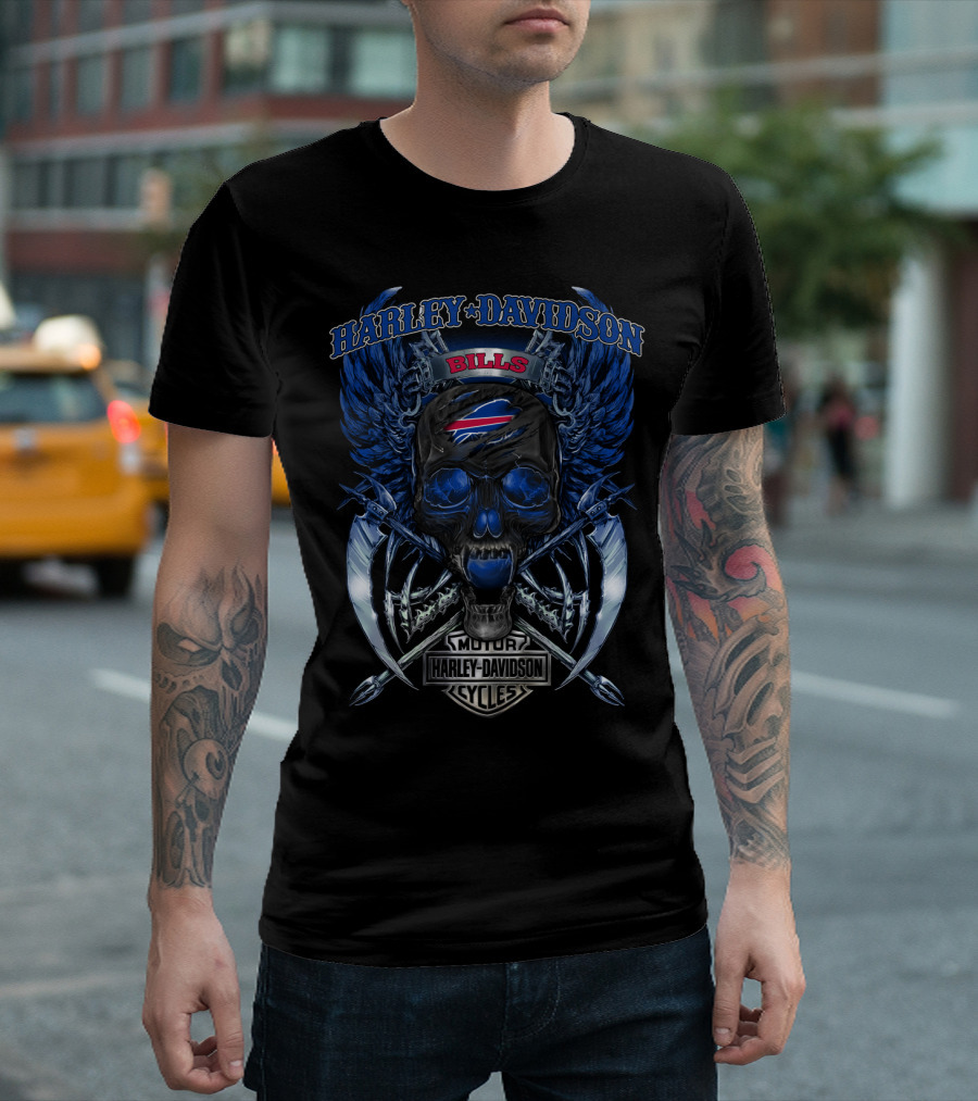 Harley Davidson Buffalo Bills Skull Wings And Swords T-Shirt