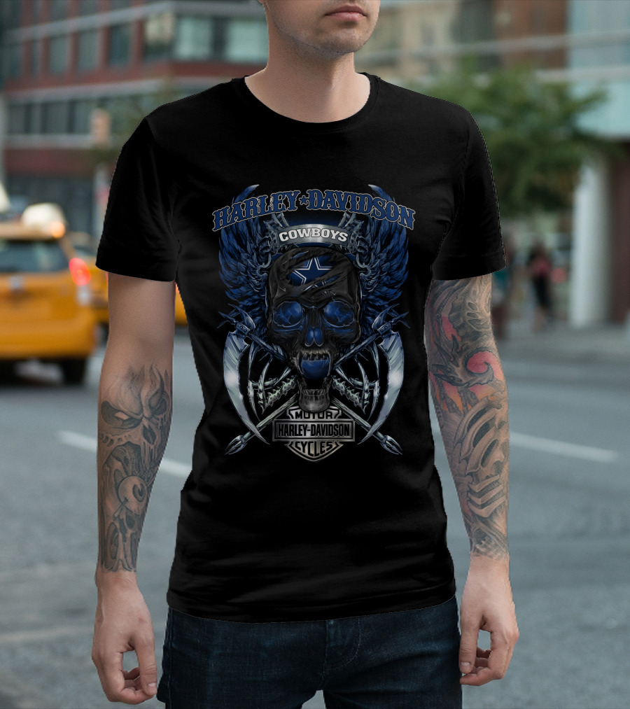 Harley Davidson Cowboys Skull With Blue Wings And Dallas Star T-Shirt