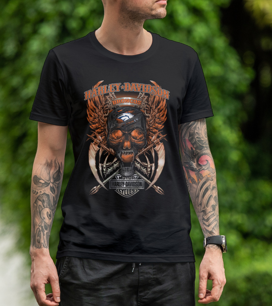 Harley Davidson Broncos Denver Broncos Nfl Skull And Wings T-Shirt