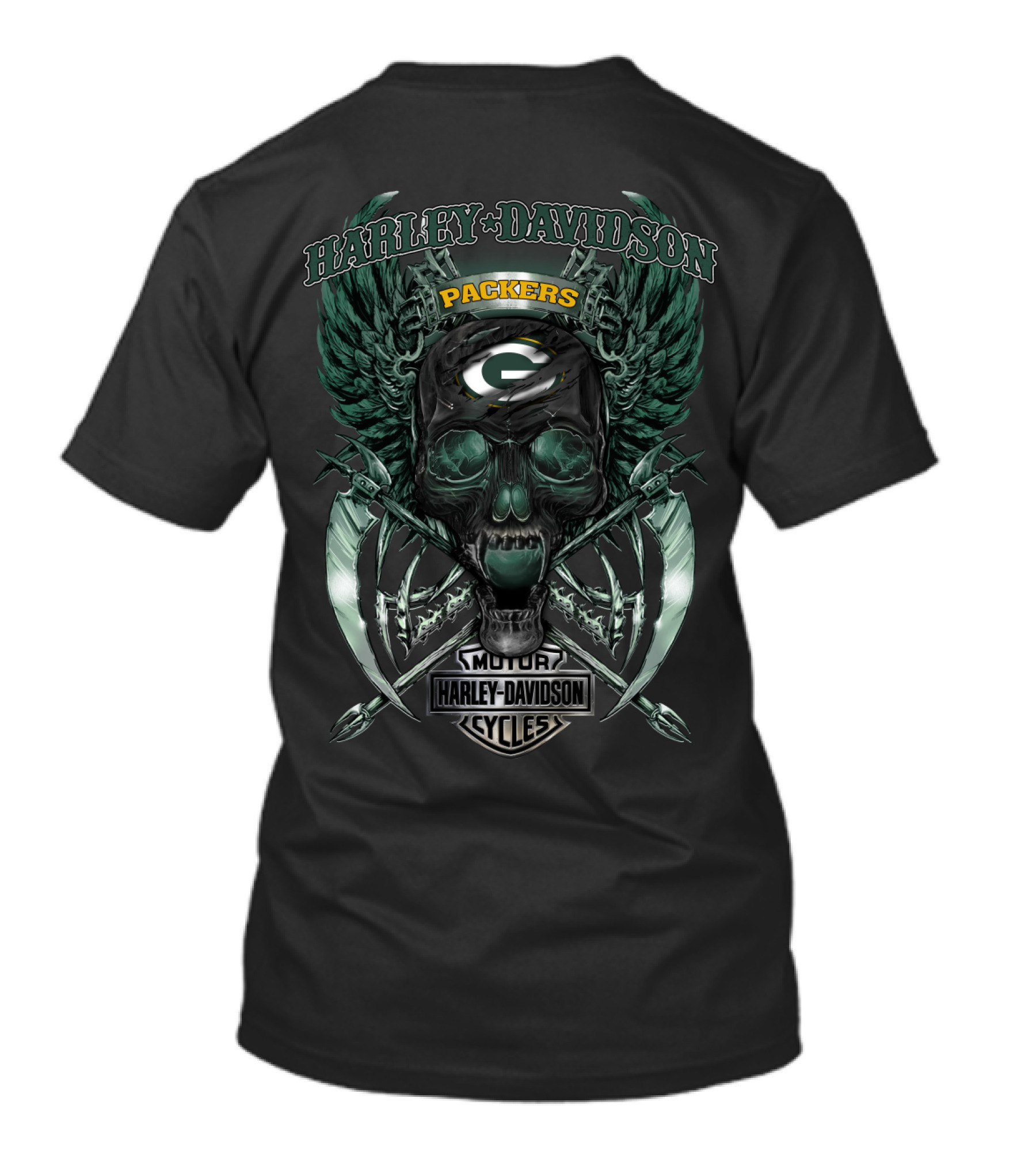 Harley Davidson Packers Green Bay Motor Cycles Skulls Wings T-Shirt