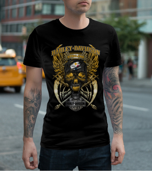 Harley Davidson Steelers Skull With Wings And Swords T-Shirt