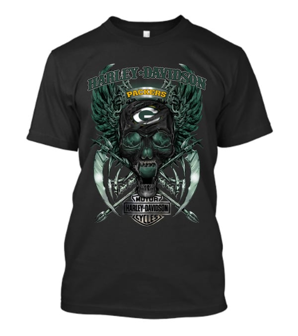 Harley Davidson Motor Cycles Packers Skull Wings Green Bay T-Shirt