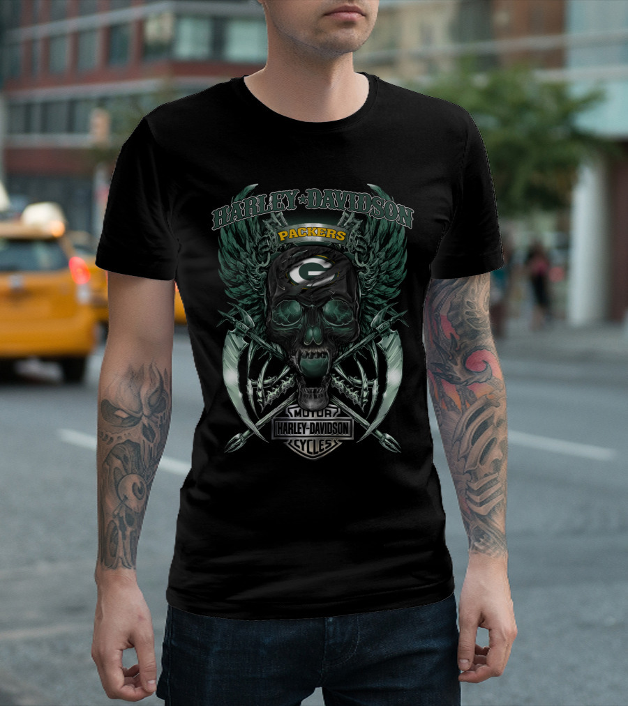 Harley Davidson Motor Cycles Packers Skull Wings Green Bay T-Shirt