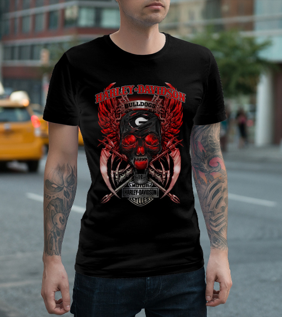 Harley Davidson Georgia Bulldogs Skull Wings Motor Cycles T-Shirt