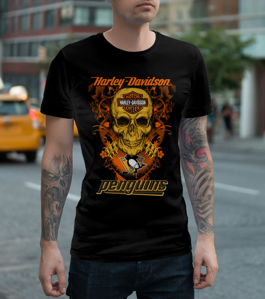 Harley Davidson Motor Cycles Skull Penguins Nhl Pittsburgh T-Shirt