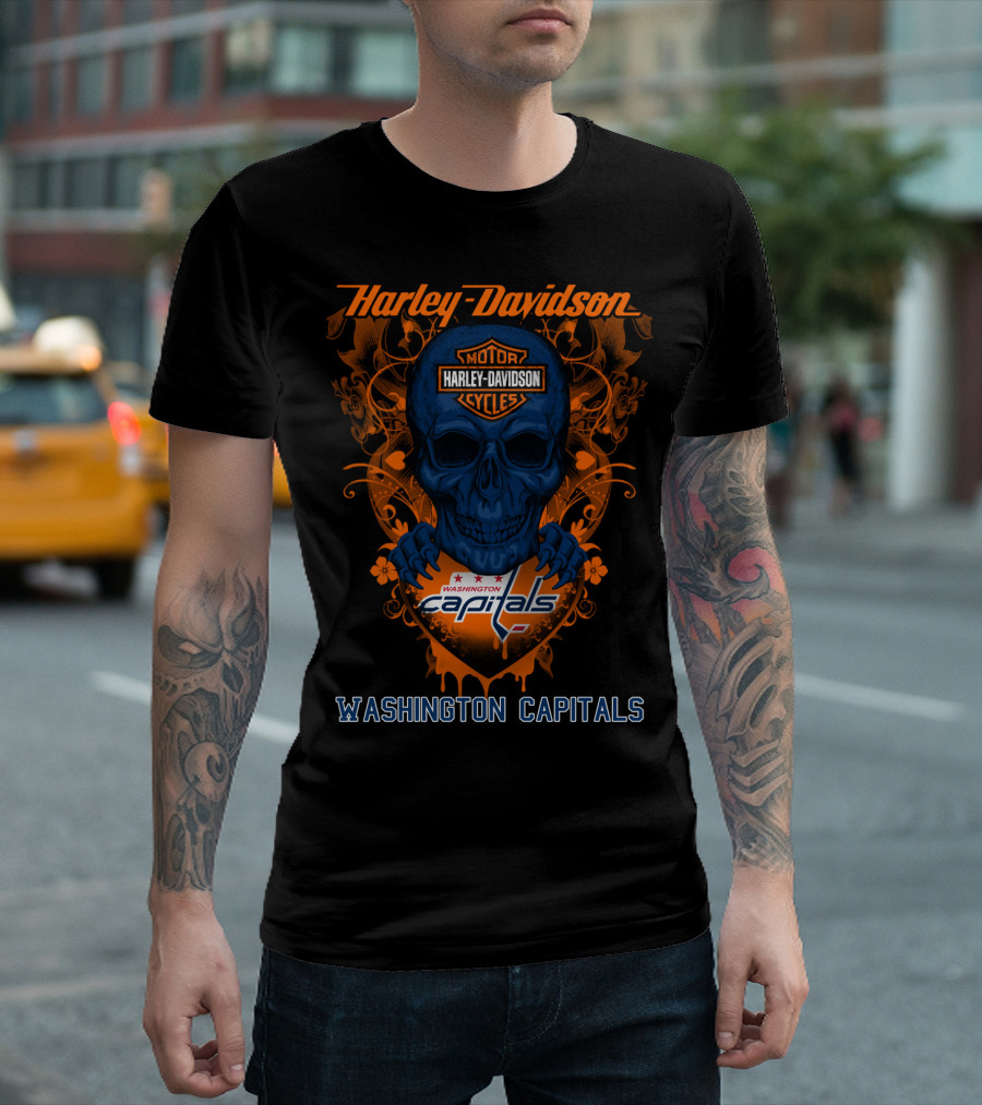 Harley Davidson Washington Capitals Motorcycles Blue Skull T-Shirt