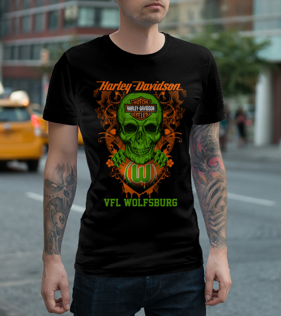 Harley Davidson Motorcycle Vfl Wolfsburg Green Skull T-Shirt