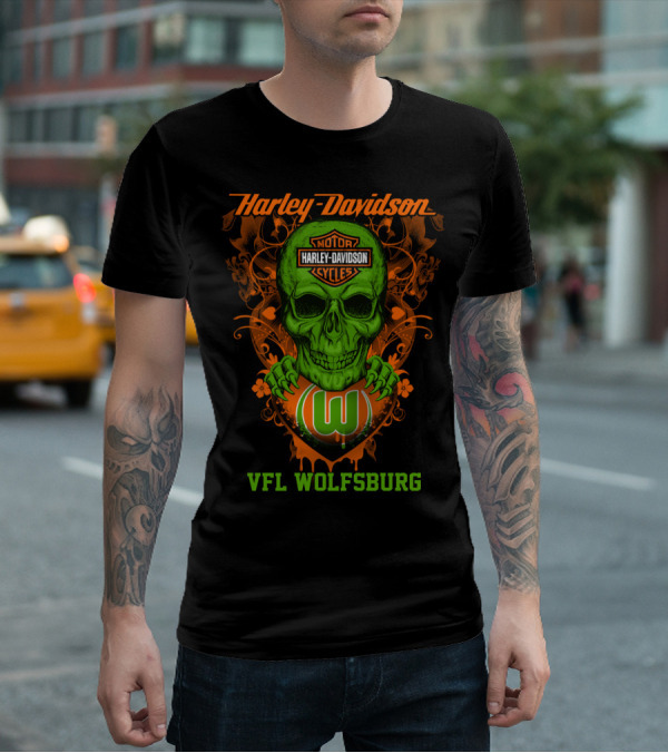 Harley Davidson Motorcycle Vfl Wolfsburg Green Skull T-Shirt