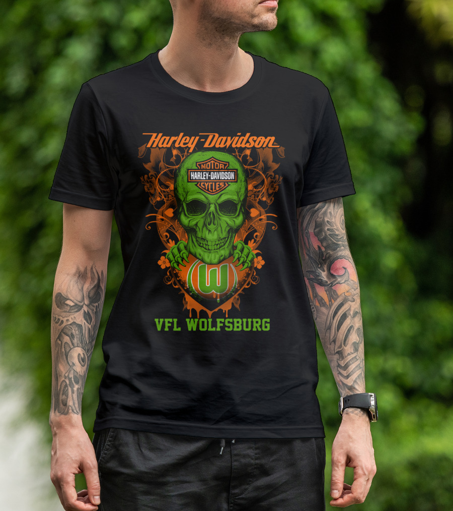 Harley Davidson Motorcycle Vfl Wolfsburg Green Skull T-Shirt
