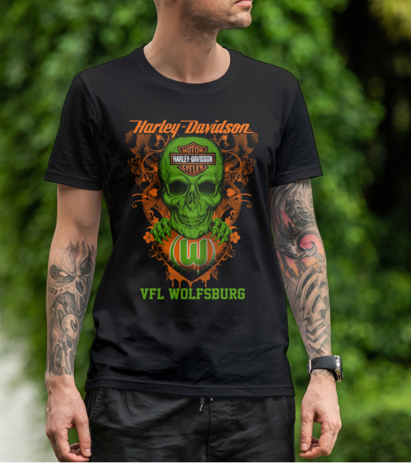 Harley Davidson Motorcycle Vfl Wolfsburg Green Skull T-Shirt