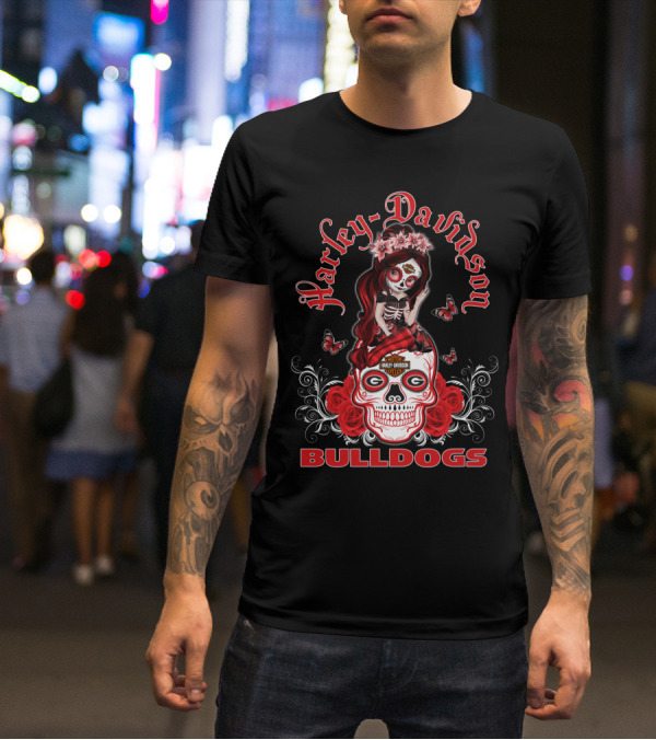 Harley Davidson Georgia Bulldogs Roses Skull T-Shirt
