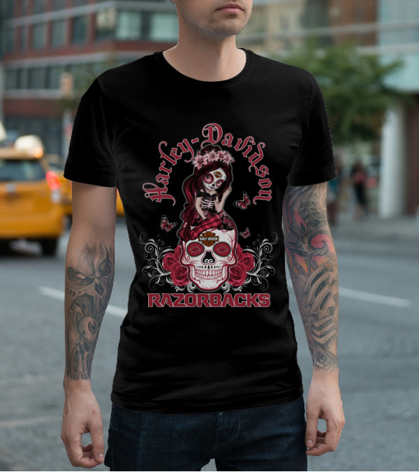 Harley Davidson Razorbacks Arkansas Girl Skull Roses Butterflies T-Shirt
