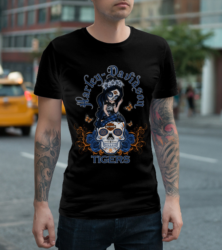 Harley Davidson Auburn Tigers Skull With Butterfly And Floral Accents T-Shirt