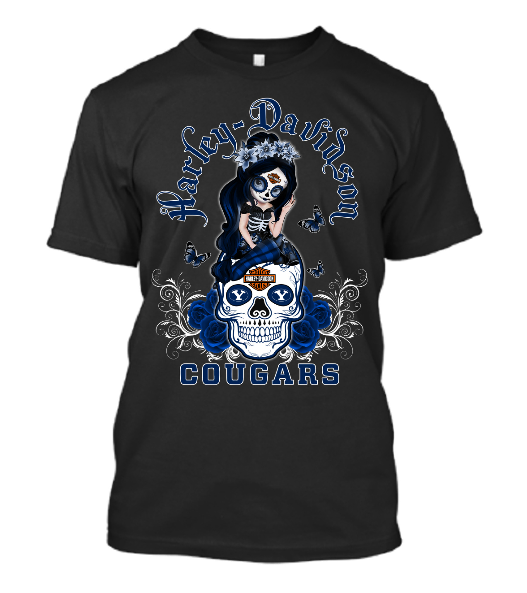Harley Davidson Byu Cougars Skull Art With Blue Roses And Butterflies T-Shirt