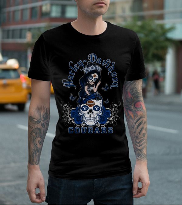 Harley Davidson Byu Cougars Skull Art With Blue Roses And Butterflies T-Shirt