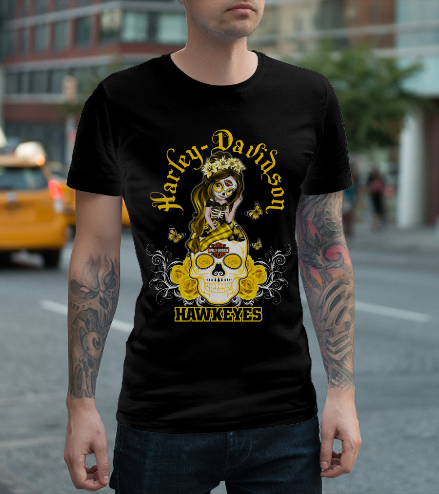 Harley Davidson Iowa Hawkeyes Day Of The Dead Girl With Skull And Butterflies T-Shirt