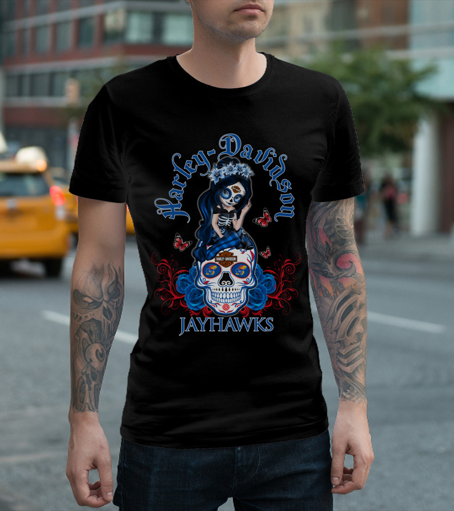 Harley Davidson Jayhawks Motorcycle Style With Day Of The Dead Skull And Butterflies T-Shirt