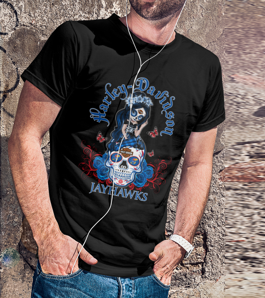 Harley Davidson Jayhawks Motorcycle Style With Day Of The Dead Skull And Butterflies T-Shirt