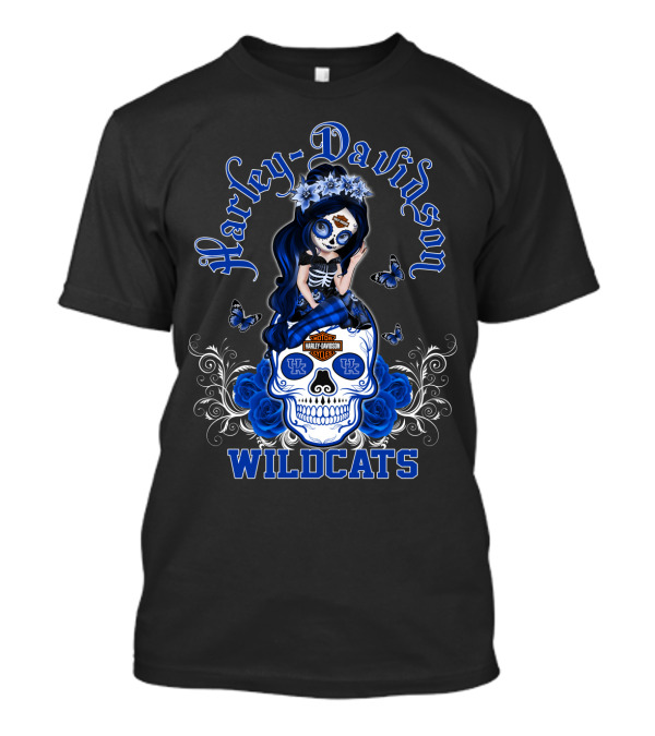 Harley Davidson Kentucky Wildcats Skull Girl With Blue Roses And Butterflies T-Shirt