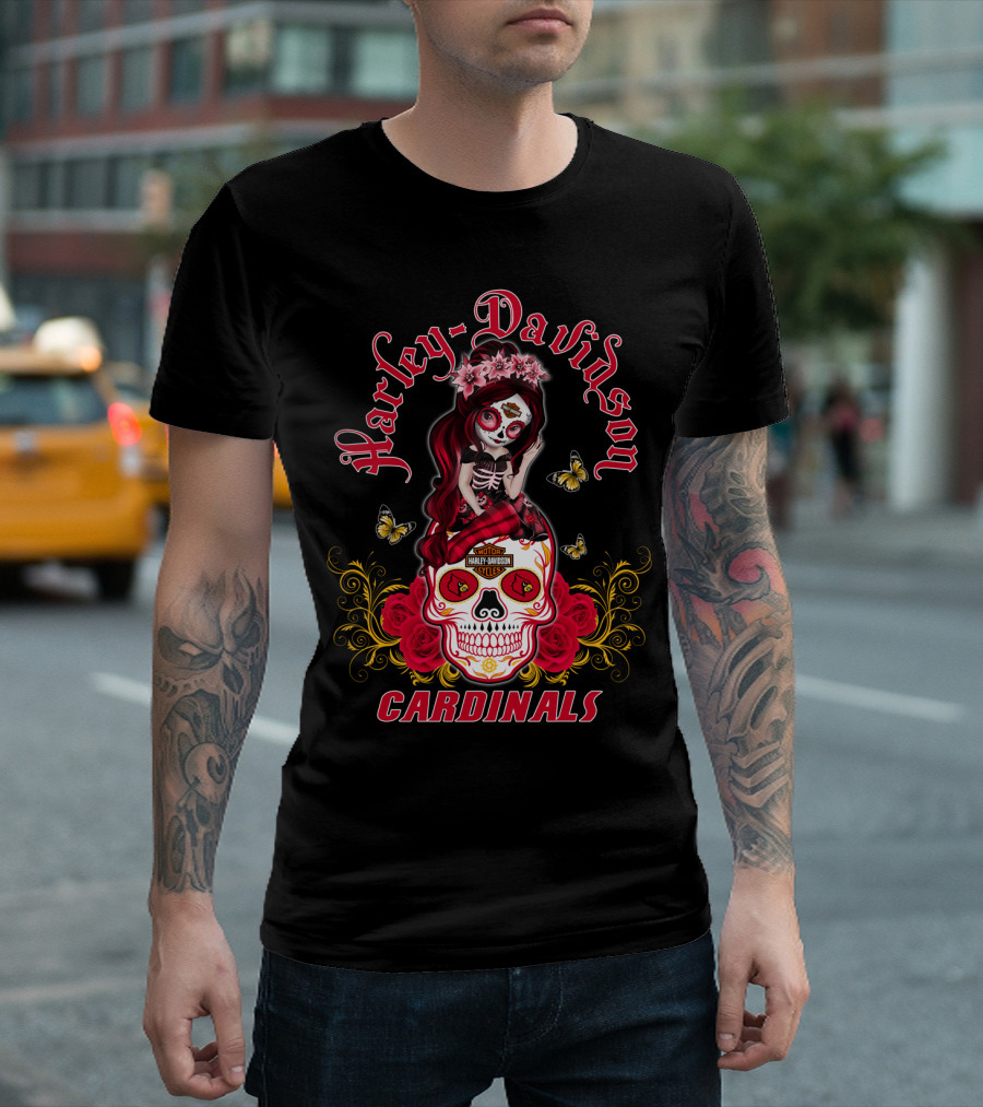 Harley Davidson Girl Louisville Cardinals Skull Rose Butterflies T-Shirt