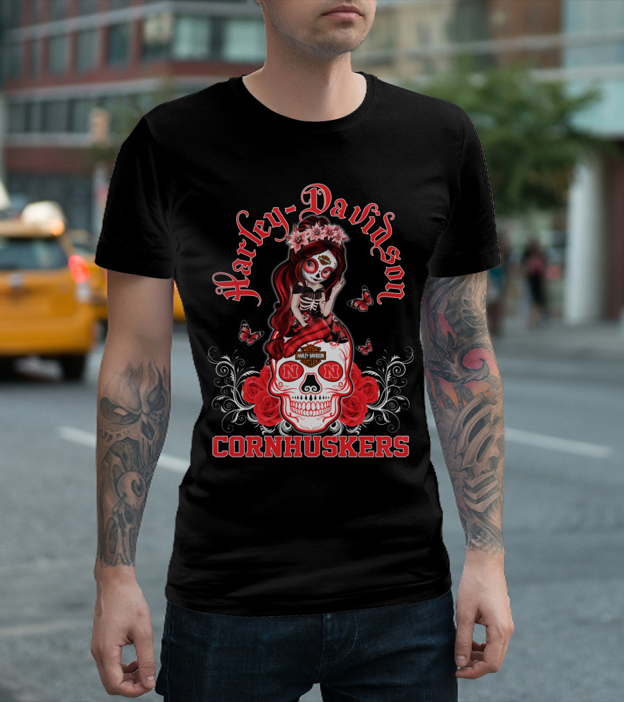 Harley Davidson Nebraska Cornhuskers Skull Roses Girl T-Shirt
